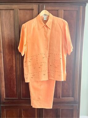 Ann Gerlin VTG 90s Tangerine Embroidered 2pc. Linen Pantsuit, Short Sleeve 20W